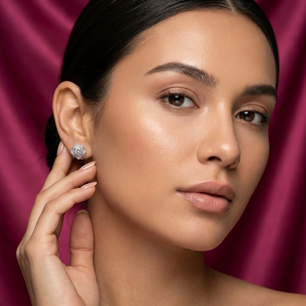 Swirl Silver Earrings with Zicon Solitaire