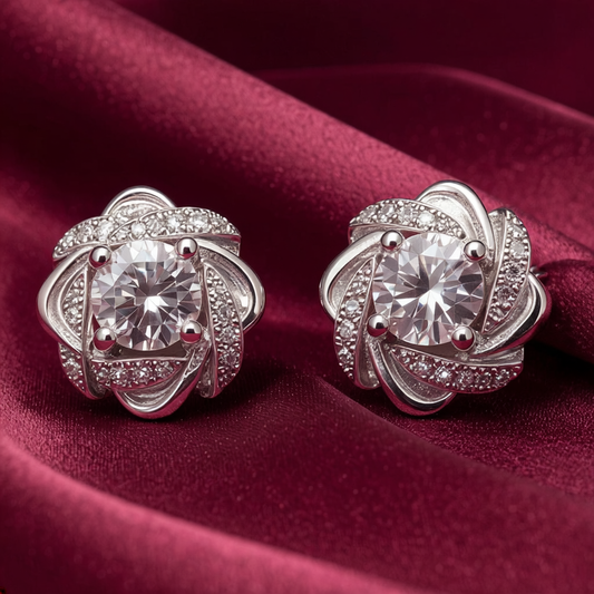 Swirl Silver Earrings with Zicon Solitaire