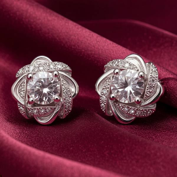 Swirl Silver Earrings with Zicon Solitaire